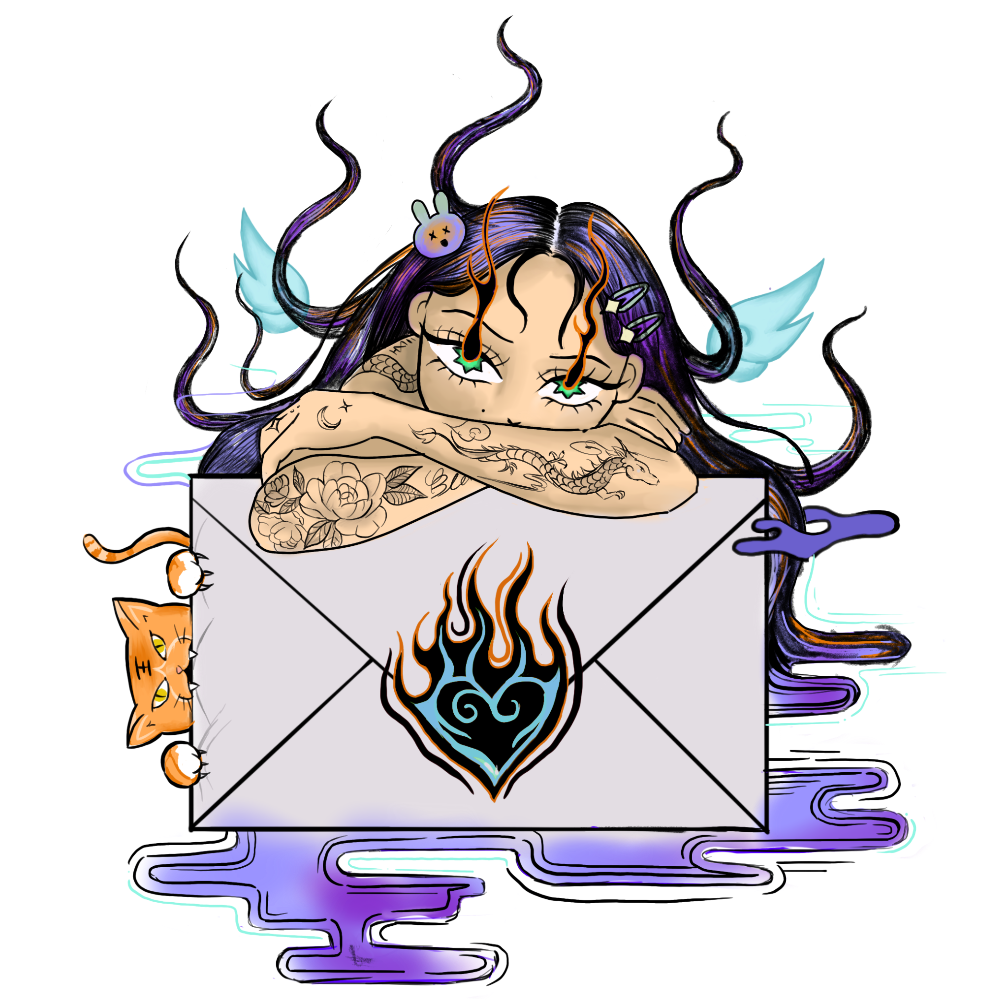 Sandy Lin artistic rendering, resting her head upon an envelope.