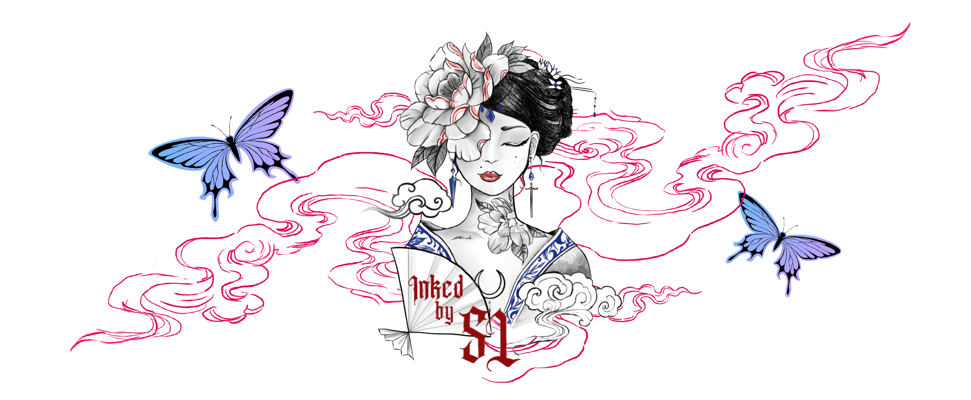 Sandy Lin banner; a chinese maiden with tattoos standing among smoke and butterflies.