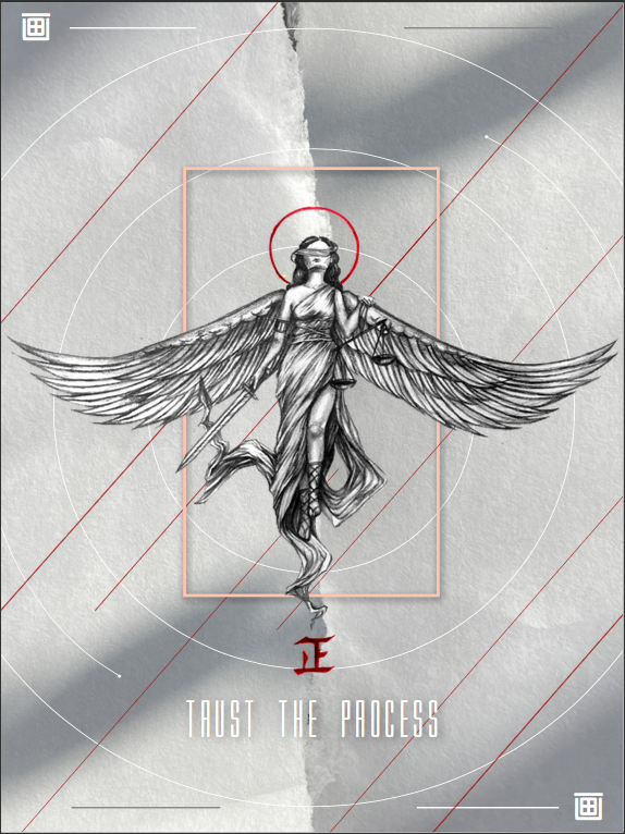 Trust the process logo, starring an Angel with a sword and blindfold.