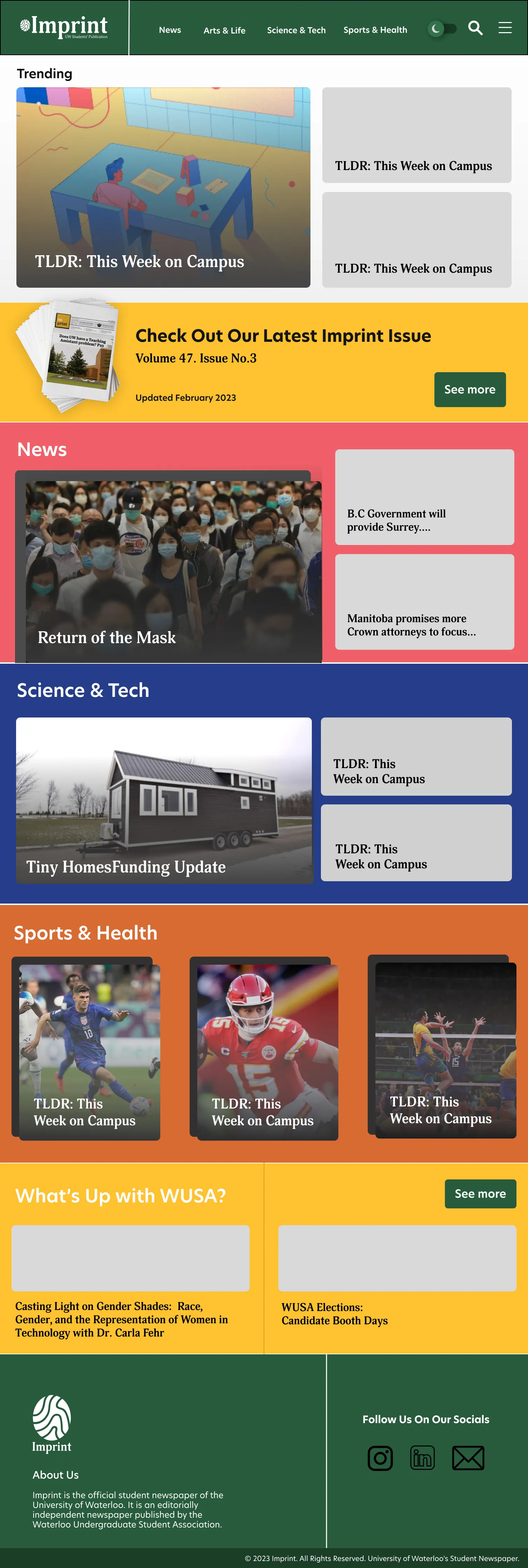 News page mock-up for the Imprint application.