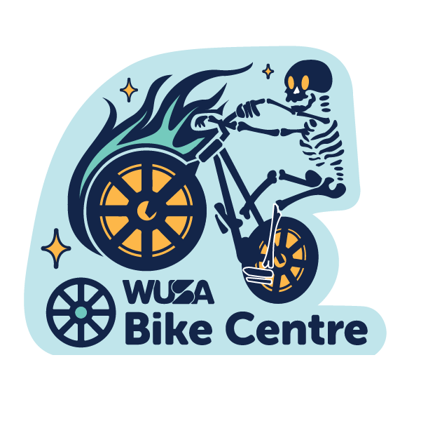 Bike Centre stickers of a bike with a flaming wheel ridden by a skeleton.