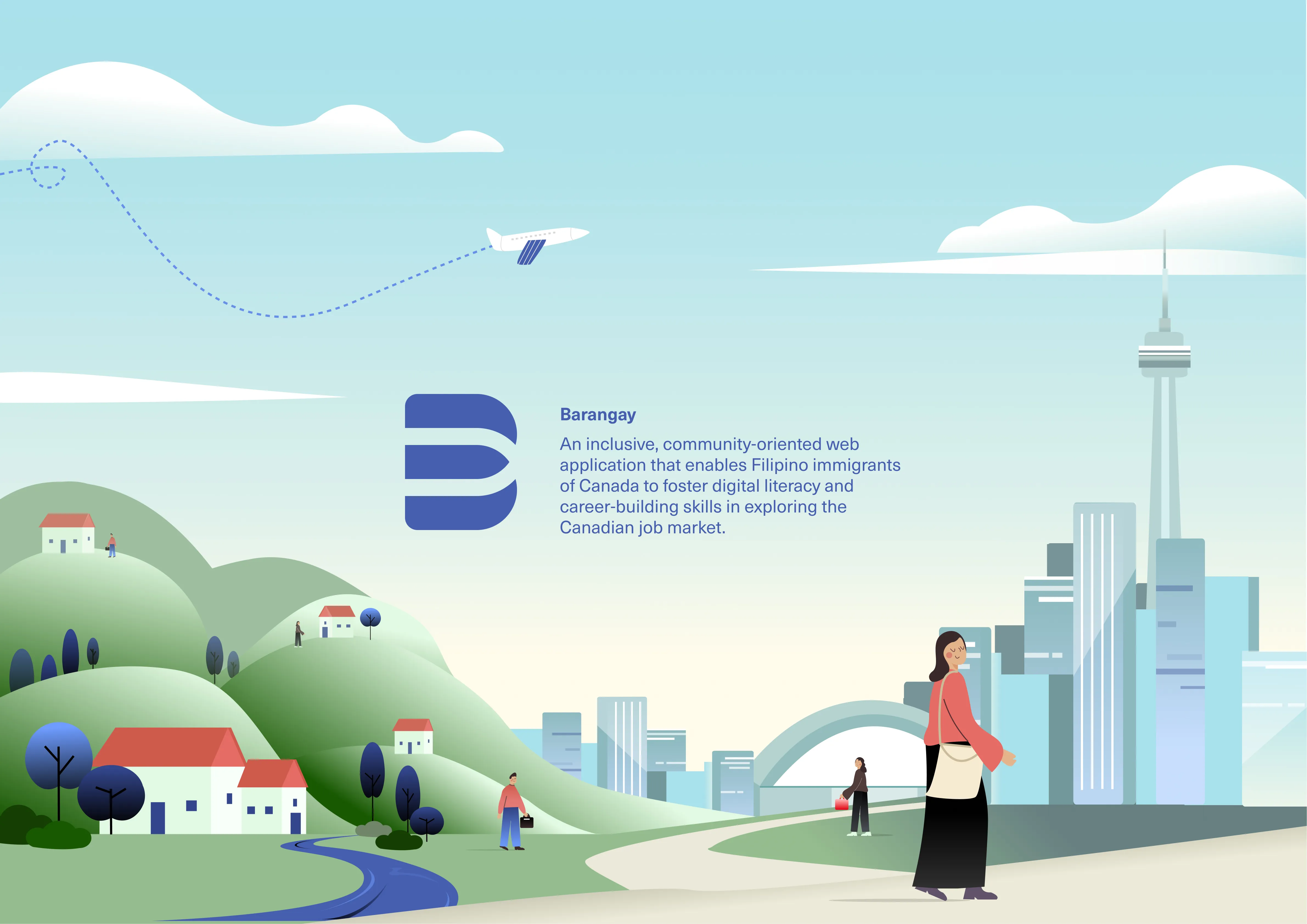 An image of a plane landing in Toronto with an advertisement what Barangay is.