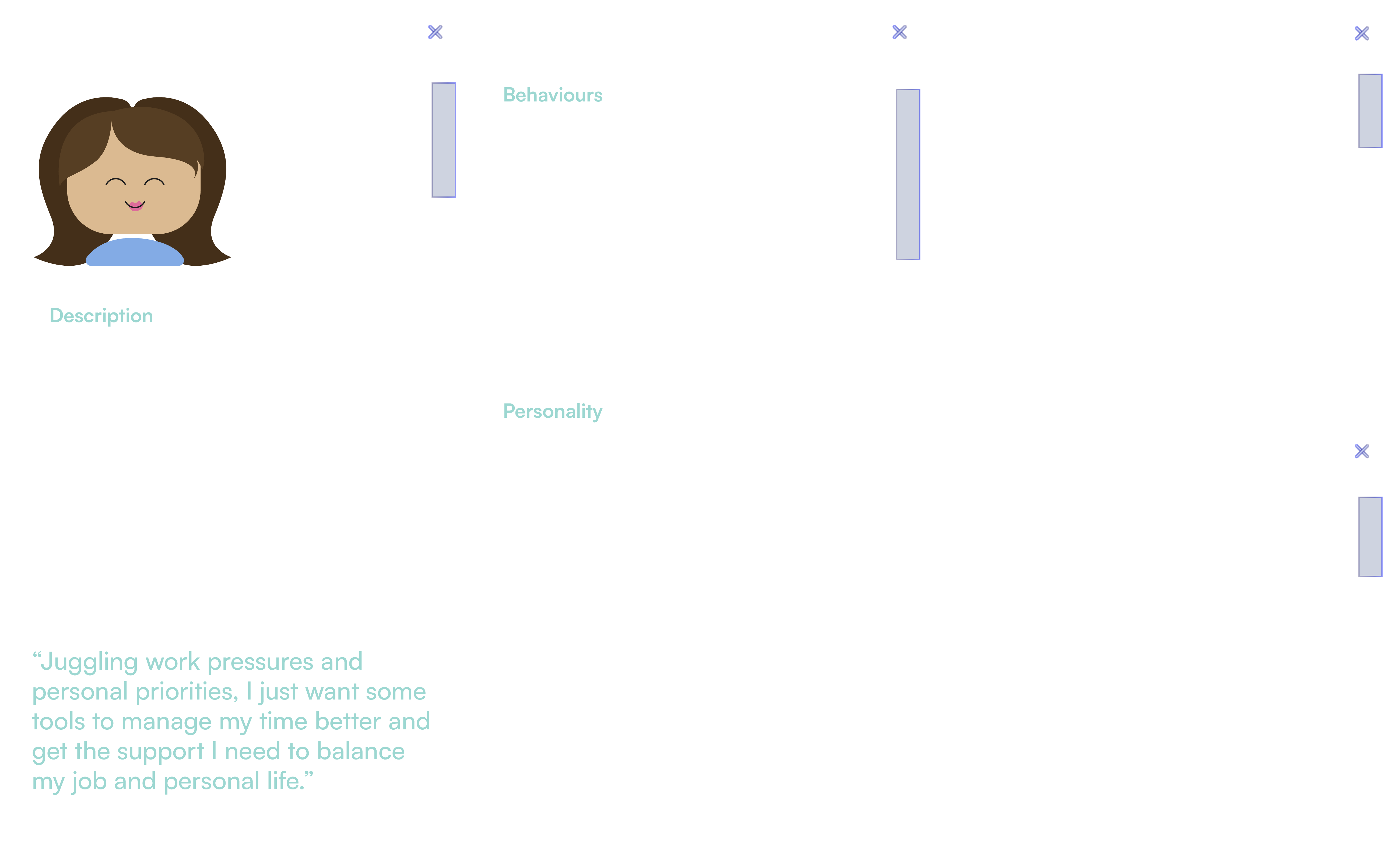 A profile for a 32 year old woman named Alex White. She is a Coroporate Marketing Manager who needs help with work/life balance.