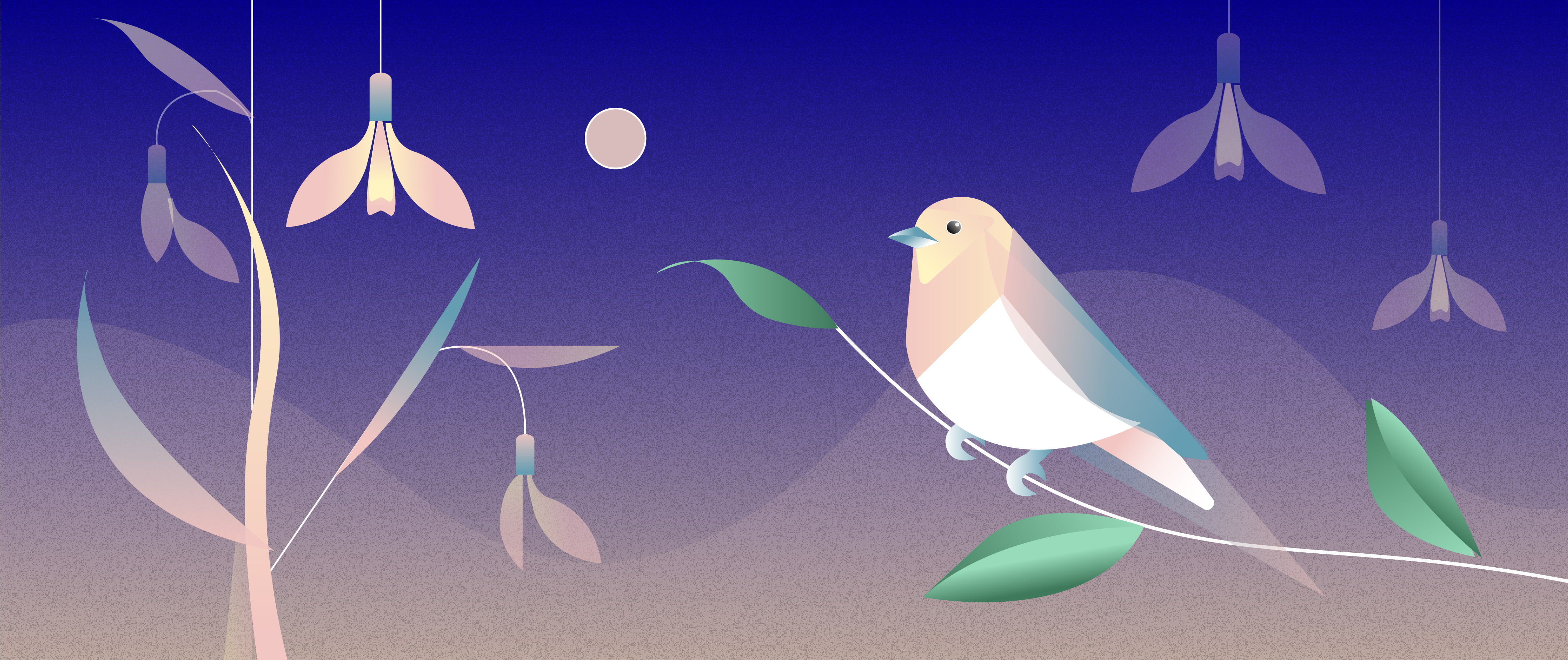 An image of a bird resting upon a thin branch while staring into the moonlight sky.