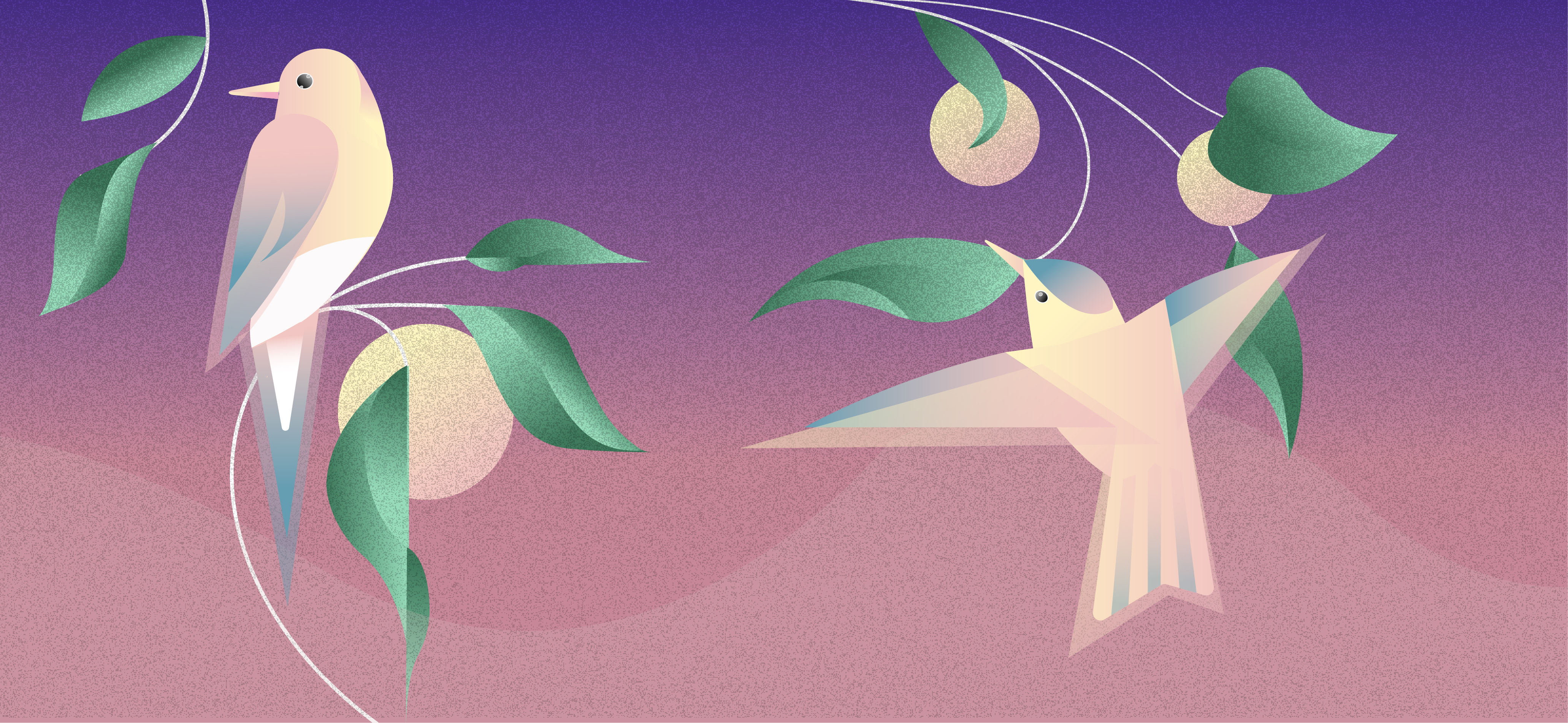 An image of 2 birds, one flying while the other rests upon a branch.