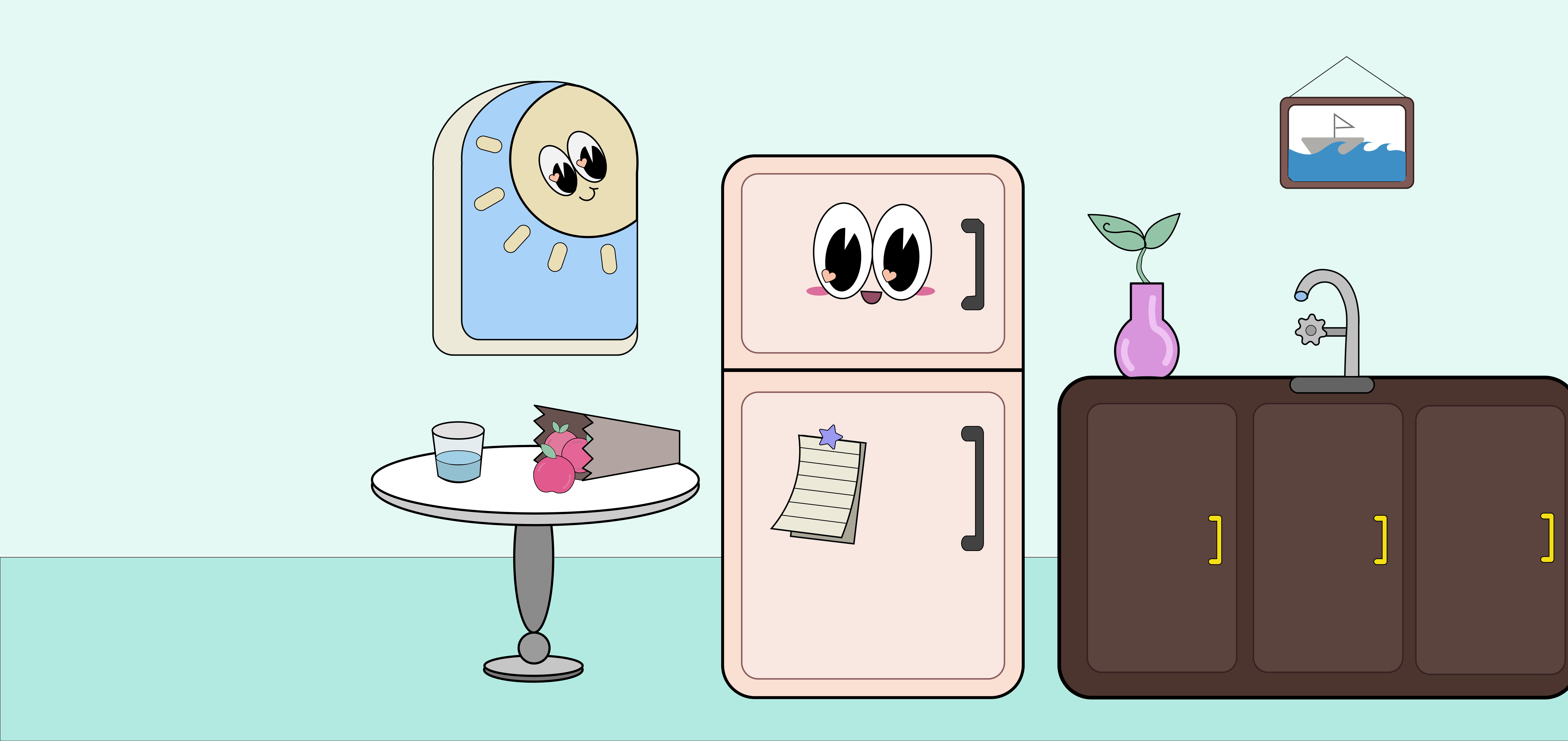 An image of a kitchen, containing a fridge with eyes and a smile, and a sun peeking in through the window.