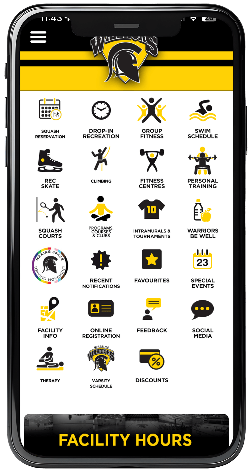 An image of the original Waterloo Warriors interface before our team intervened showing Facility Hours.